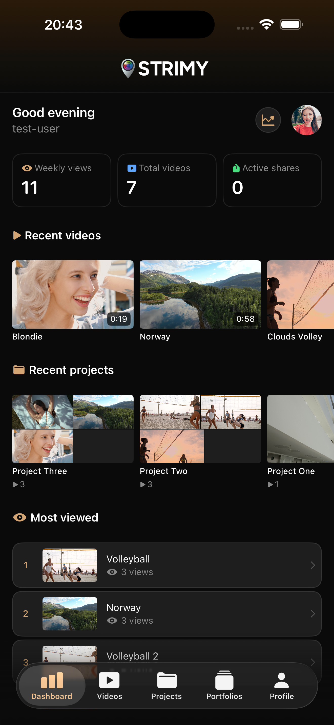 STRIMY app home screen